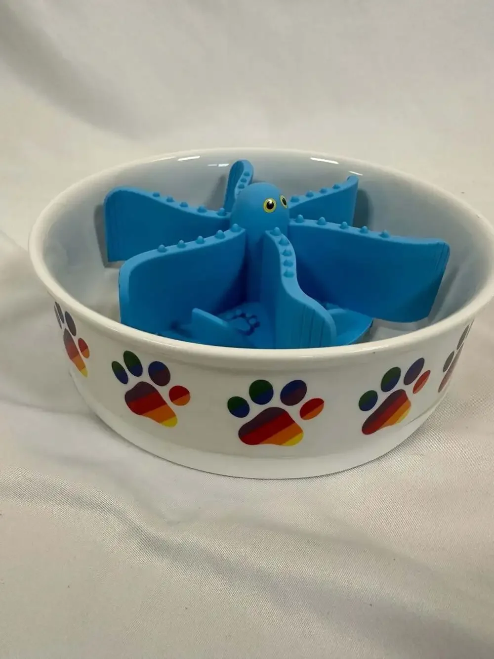 Bone Dry Ceramic Rainbow Paw Print Pet Bowl with Octopus Slow Feeder Insert